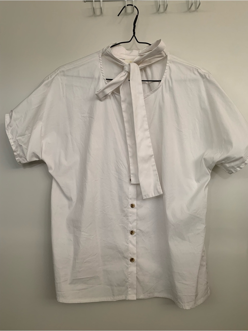White Tie-Neck Short Sleeve Shirt